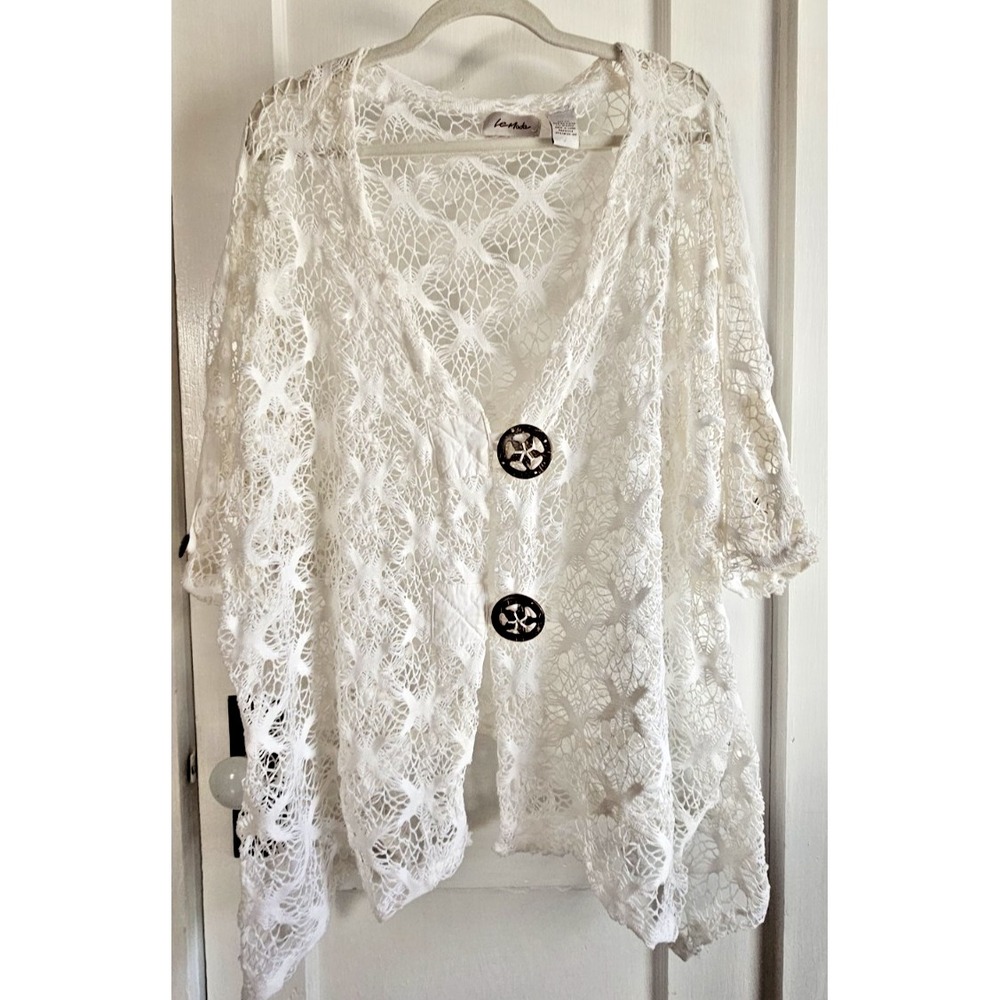 LE MODA crochet overthrow blouse‎ half sleeve woman top white Sz XXL